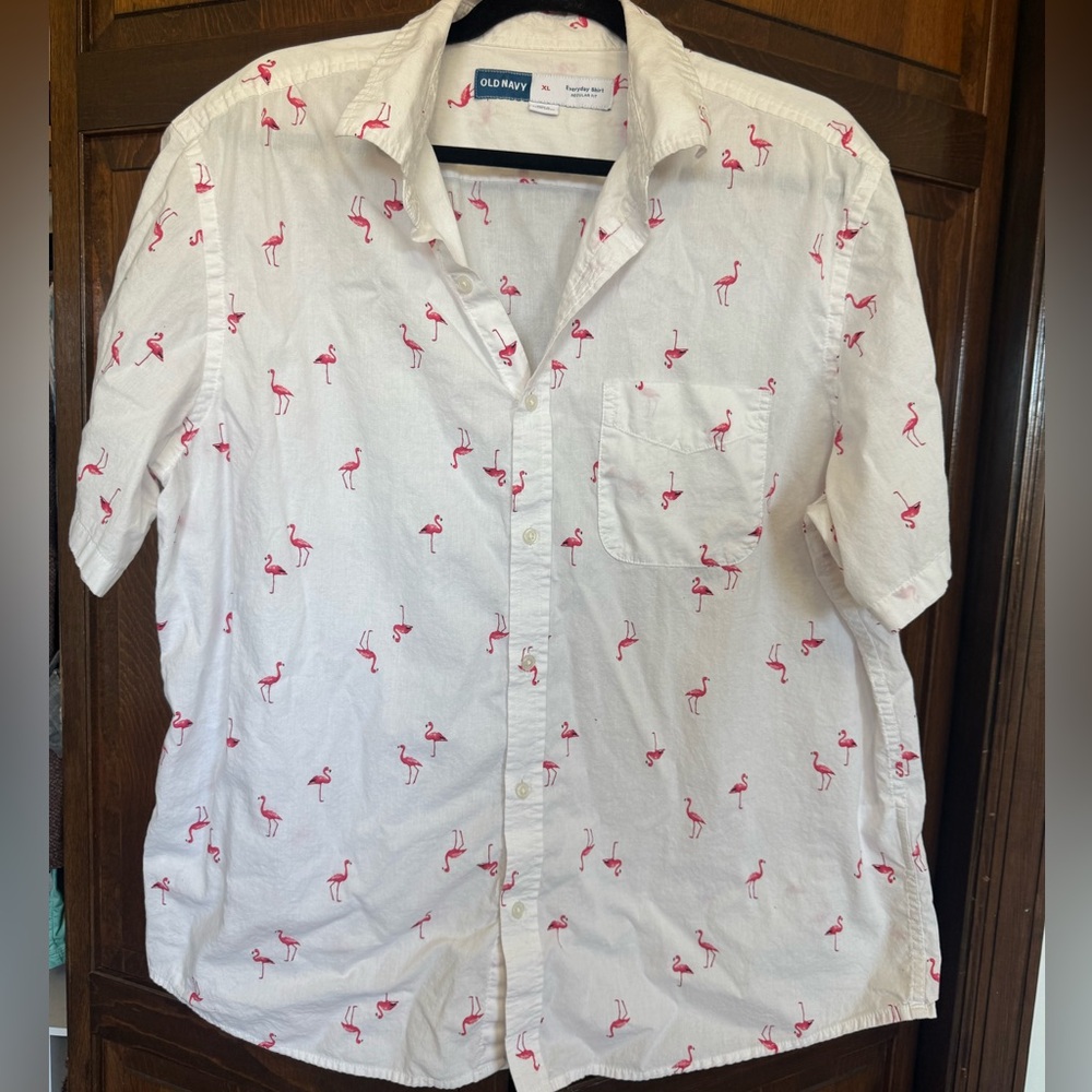 Resortwear Tropical Vacation Cruise Button Up Flamingo Camp Shirt Size XL